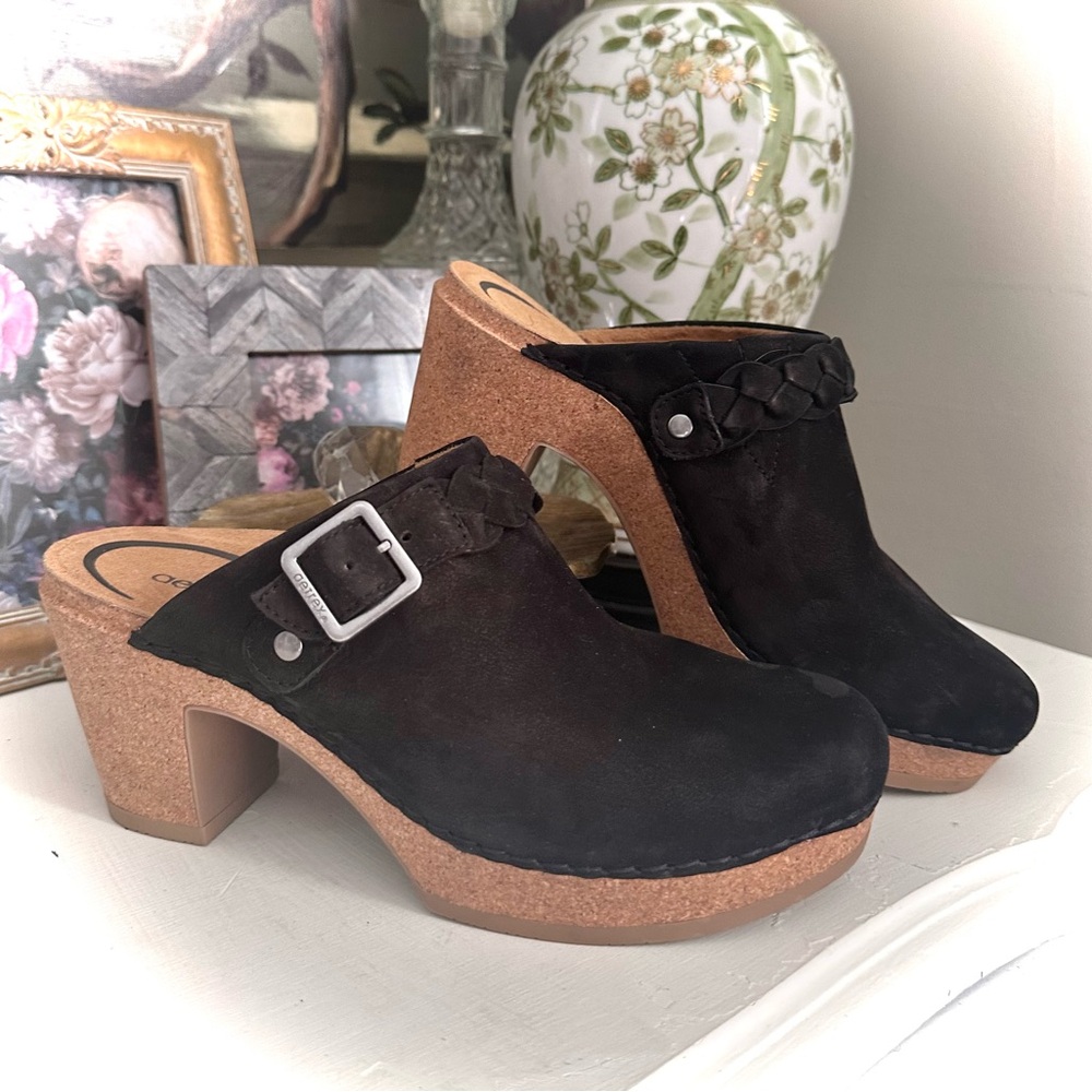 Aetrex Black Suede Braided Clog Mules with Cork Heel